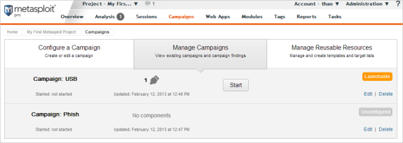 Manage Campaigns Area